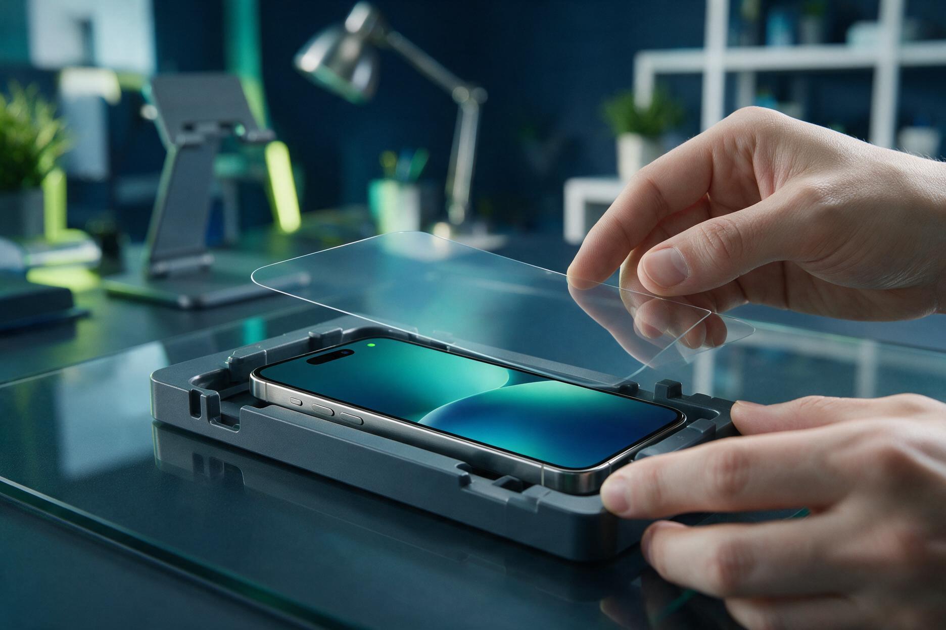 A technician applying a screen protector bubble-free onto a smartphone