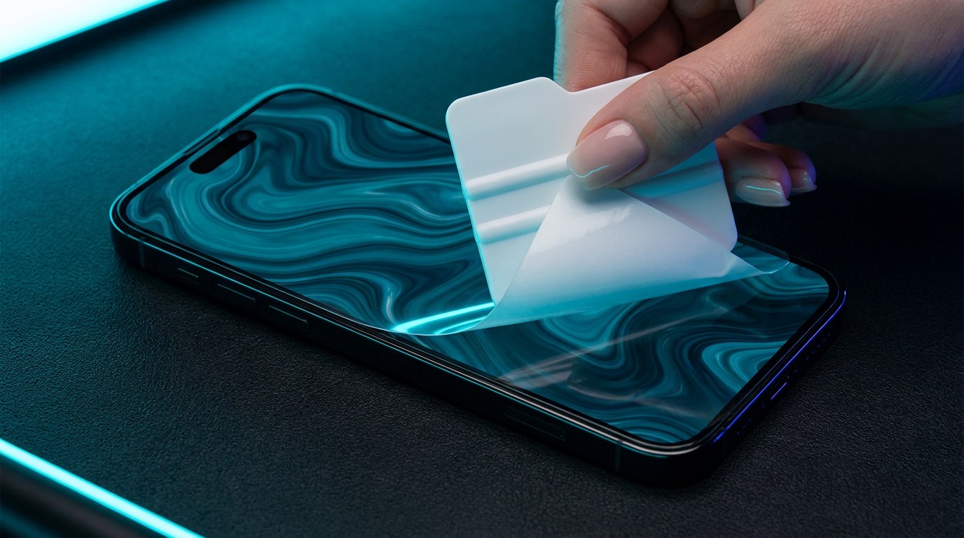 A smartphone with a crystal-clear screen protector lifting off the display
